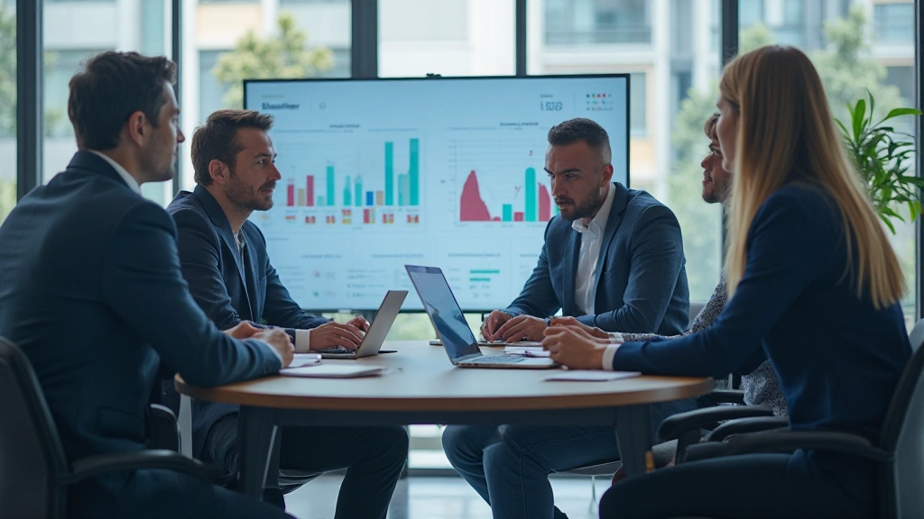 Команда смотрит на большой экран с интерактивной бизнес-аналитикой и обсуждает результаты анализа