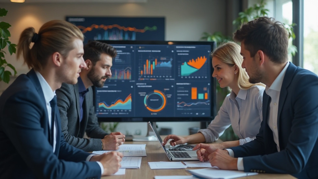 Команда аналитиков изучает дашборд с метриками и графиками производительности