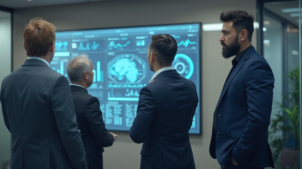 Команда профессионалов анализирует метрики на большом экране с информационной панелью в конференц-зале