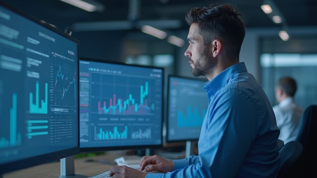 Аналитик изучает графики производительности и метрики на большом мониторе