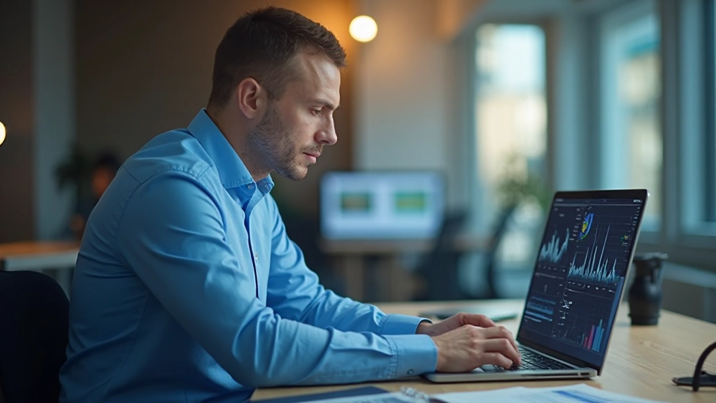 Аналитик работает с временными рядами данных продаж на современном мониторе
