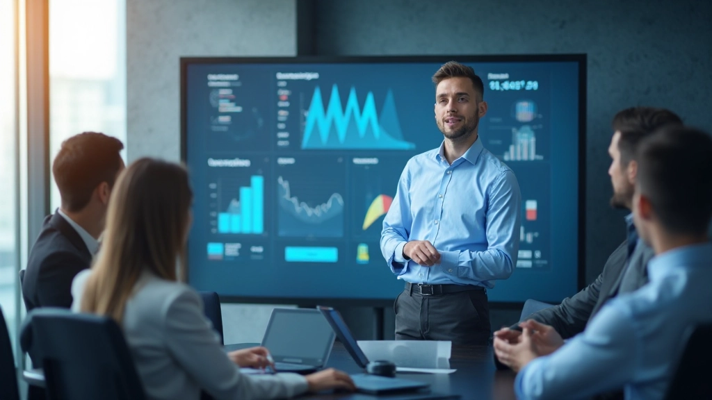 Аналитик презентирует интерактивные диаграммы коллегам в конференц-зале с проектором