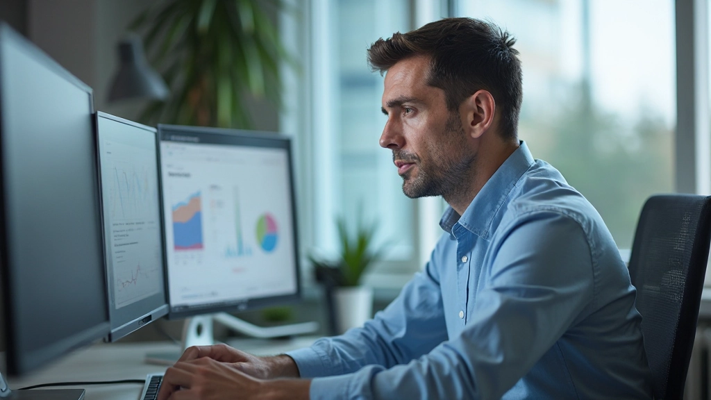 Аналитик работает с информационной панелью на современном рабочем месте