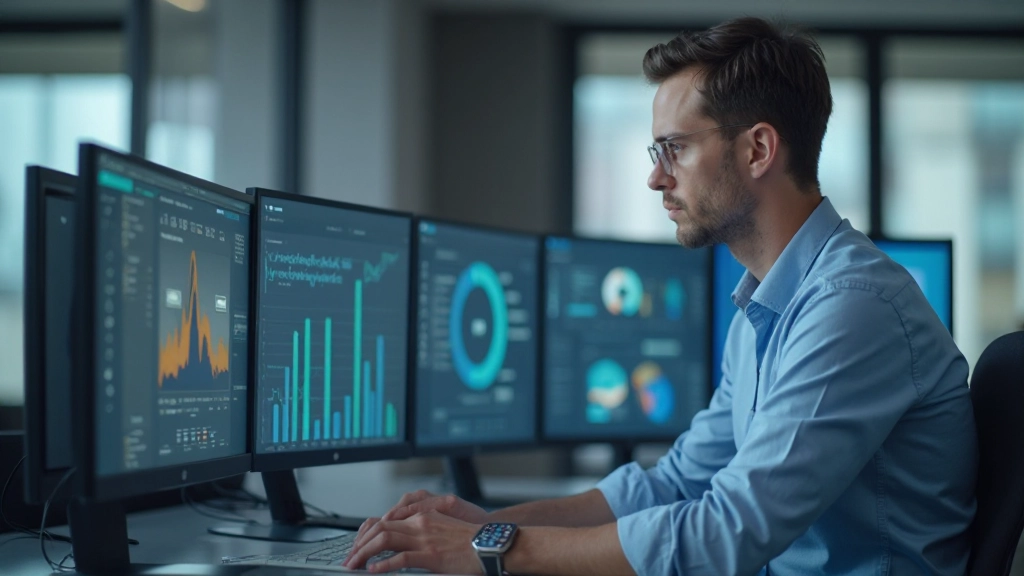 Аналитик работает с информационной панелью на современном рабочем месте