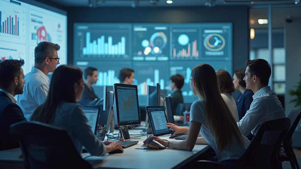 Команда профессионалов работает с аналитическими инструментами в современном офисе