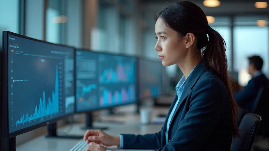 Аналитик работает с сложным набором данных, анализируя информацию на мониторе в спокойной офисной атмосфере